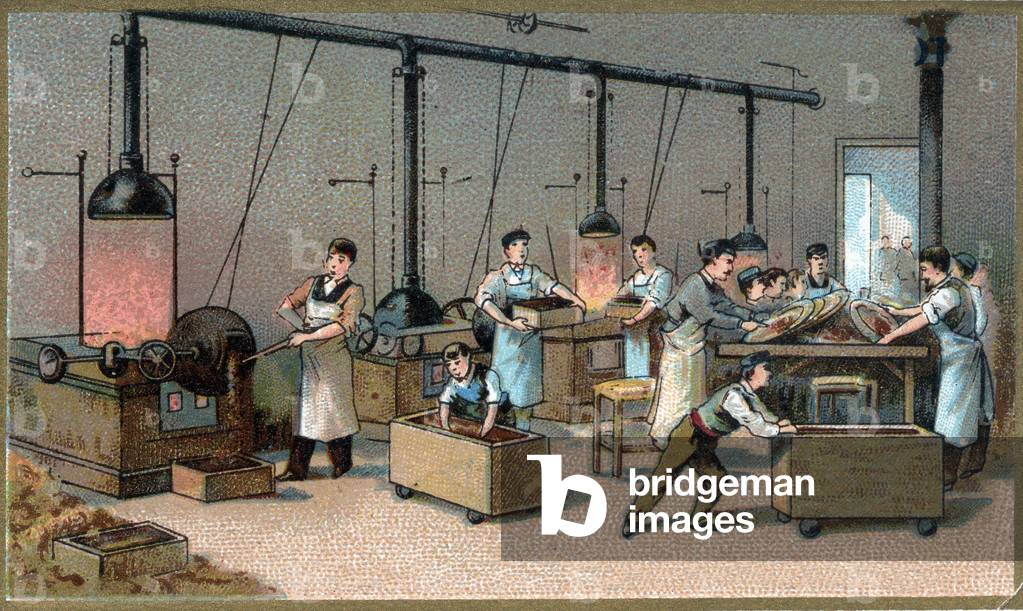 Chocolate making. Cocoa Torrefaction Room. Chromolithography of the late 19th century