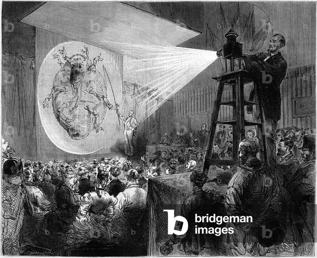 Photographic projection of a phylloxera during a conference of the insect exhibition, 1874 (engraving)