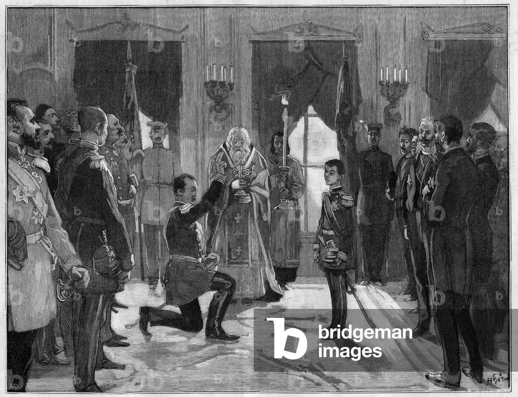 Abdication of King Milan 1st of Serbia 7 March 1889, 1889 (engraving)