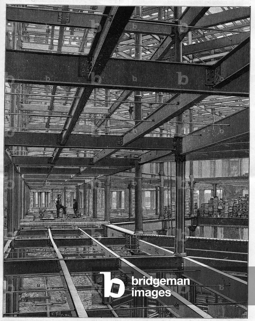 American iron frame constructions - the frame of the Palace Hotel in Denver Colorado - engraving in “Nature” from 1892.