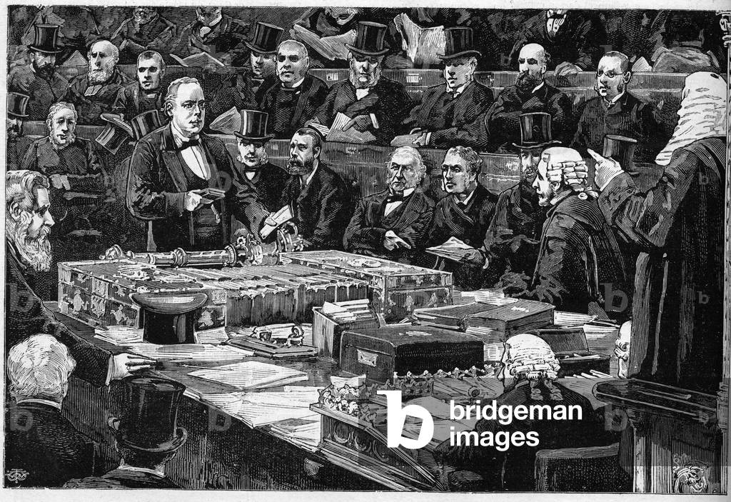 The oath of English depute Charles Bradlaugh (1833-1891) to the House of Commons on 21 February 1882, a militant for atheism, he refused to take the traditional religious oath necessary to occupy his seat in parliament. He is here representing a Bible in his hand, asking to be admitted to take a seat, which he was refused. Engraving In “” The Illustrous World”” n°1302 of 11 March 1882.