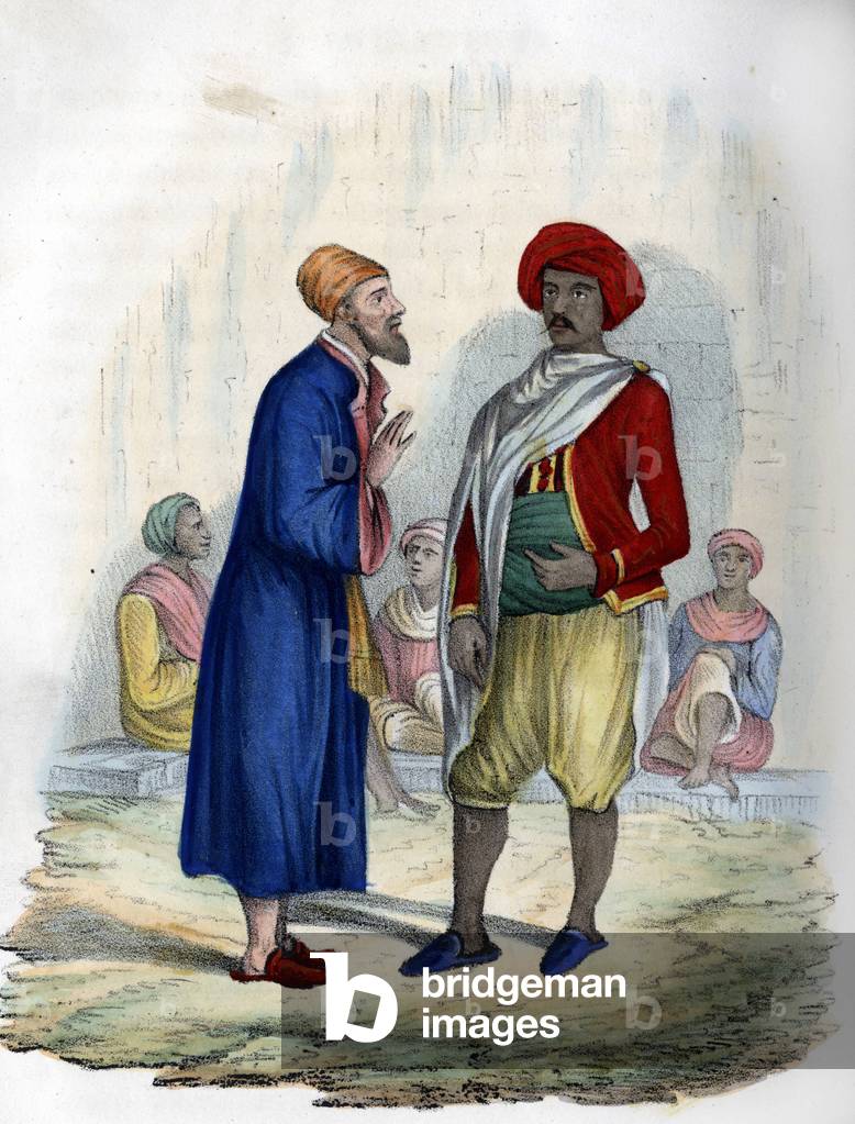 Two men in the streets of Algiers in 1830. in” L'Algerie ancienne et moderne””” by Léon Galibert. Italian edition in 1846 color.