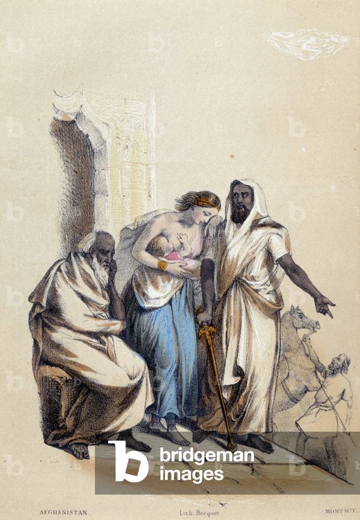A white woman breastfeeding her baby punished in Afghanistan; illustration for Aghanistan, -in “The twelve Nations” by M.E Fouinet, 1861.