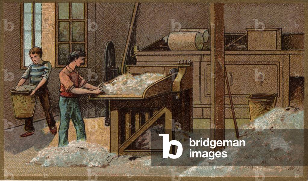 The wool industry: threshing. Chromolithography of the end of the 19th century