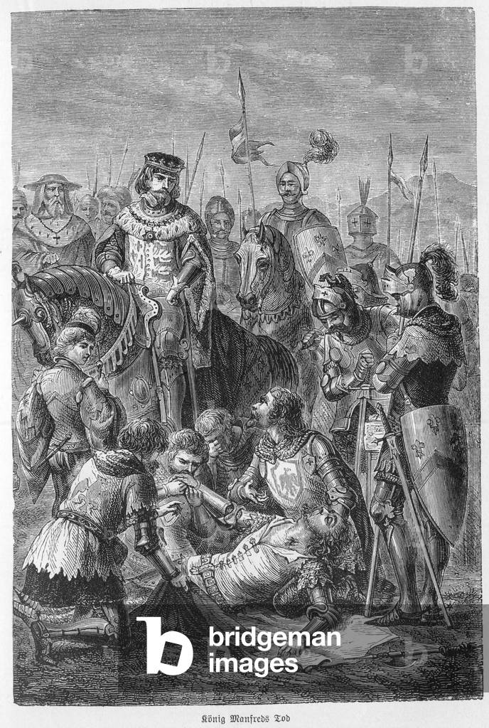 Death of Manfred, King of Sicily - 1266 - Manfred Killed in Battle - Battle of the Benevent (26 February 1266): the death of Manfred I (of Hohenstaufen, 1232-1266) king of Sicily, defeated by his rival Charles I (Charle of Anjou, 1227-1285) king of Naples (then king of Sicily - Engraving from “” Kaiser, Kaiser, Konig A Papst”” by Richard Roth, 1895.
