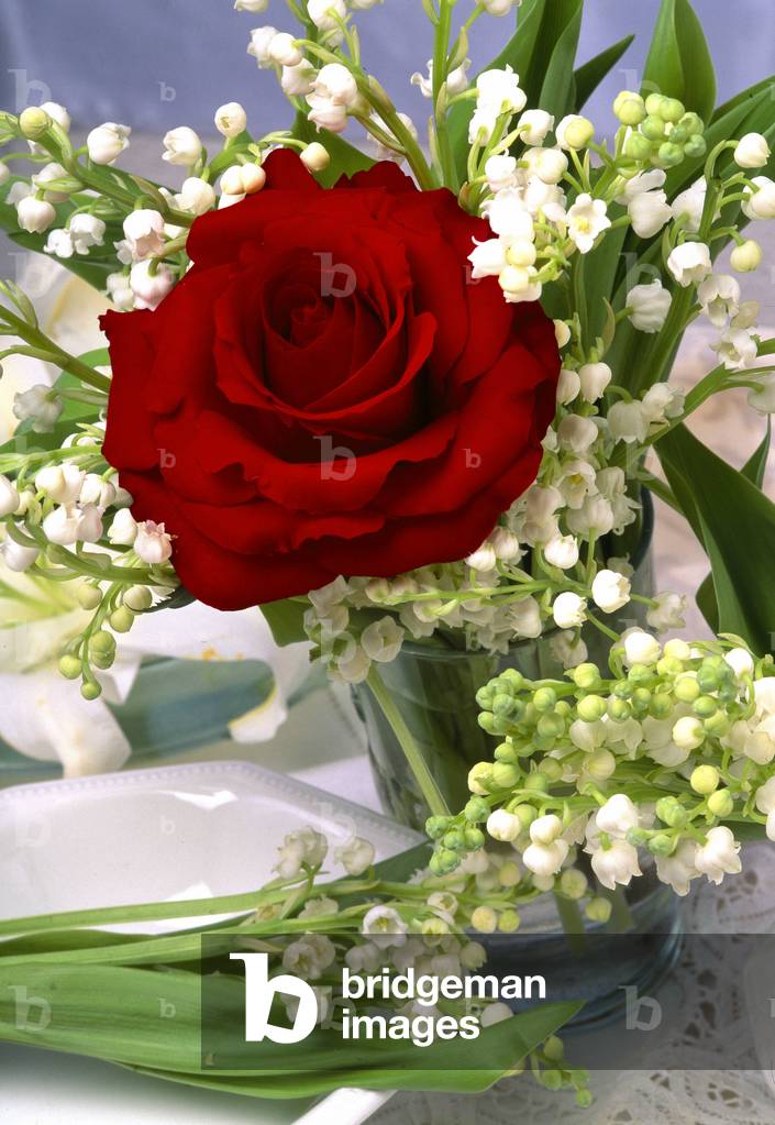 Still life of a red rose surrounded by a bouquet of lily of the valley in a vase.