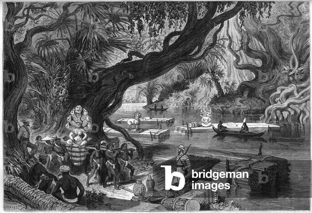 French Delaporte mission to the ruins of Angkor, Cambodia, 1874: boarding on the rafts of statues found the Khmer temples. Engraving in “” Le Monde Illustré”” n°906 of 22 August 1874.
