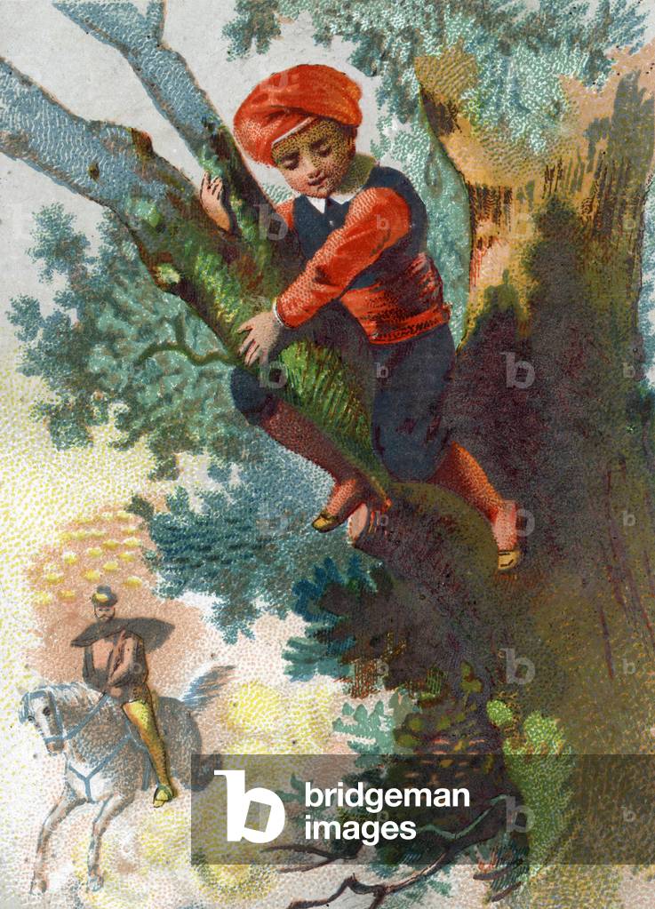 Illustration for the Tales of the Thousand and One Nights. Ali-Baba (Ali Baba) seeing a troop of thieves coming from afar into the forest hides in a tree. Chromolithography around 1890.