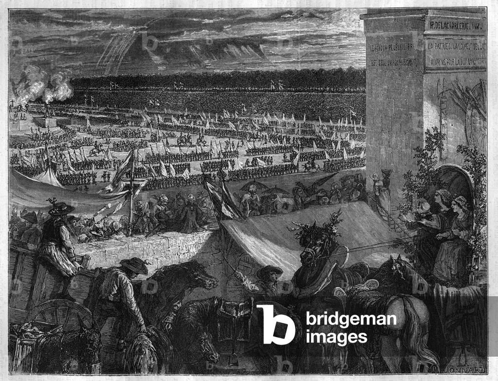 Feast of the Federation at the Champ de Mars in Paris on the first anniversary of the capture of the Bastille on 14 July 1790. Engraving in “Histoire des Papes-Rois-Queen and Empereurs a travers les centuries”” by Maurice Lachatre, 1863.