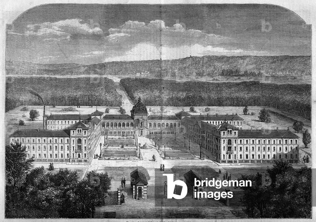 Architecture; general view of the Imperial Asylum for convalescent workers of the Vesinet, built according to the plans of the architect Eugene Laval (1818-1869) and inaugurated in 1859. Engraving in “” Le Monde Illustré”” n°77 of 2 October 1858.