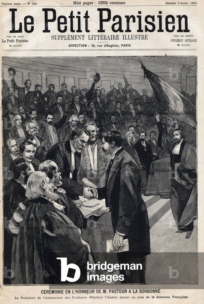 Ceremony in honor of the scientist Louis Pasteur (1822-1895) at the Sorbonne to celebrate his birthday. One of the newspaper 