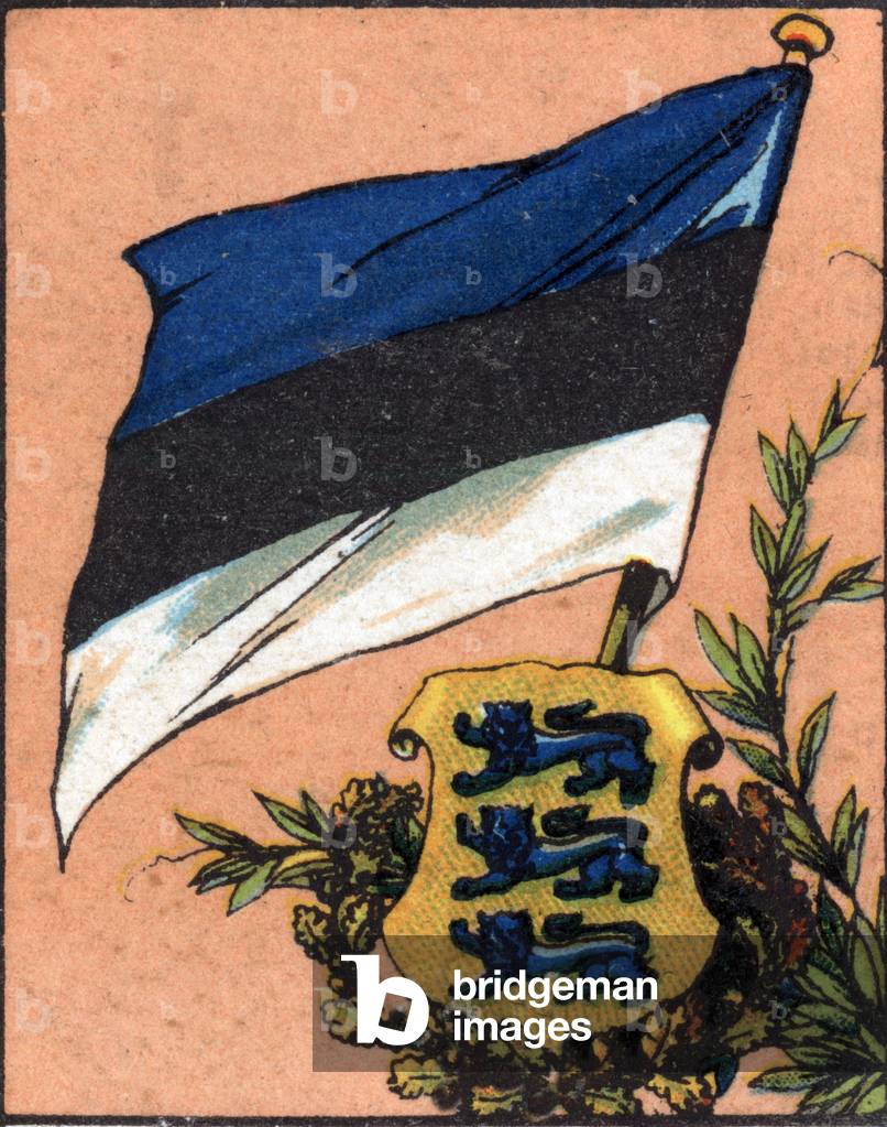 Flag and coat of arms of Estonia with three blue lions on a yellow ecu, 1936 (chromo)