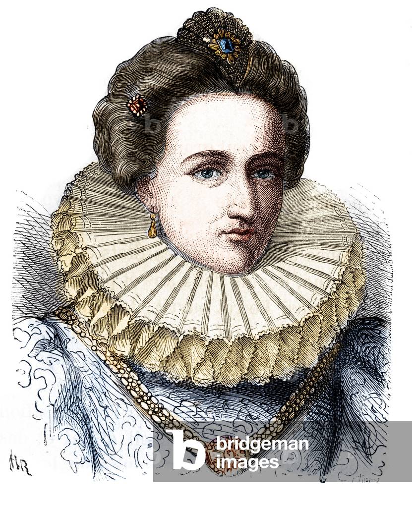 Portrait of Leonora Dori (or Dosi) called Galigai, marechale of Anchor (1568-1617). She wears a strawberry collar - in “” Histoire de France populaire”” by Henri Martin, 19th century.