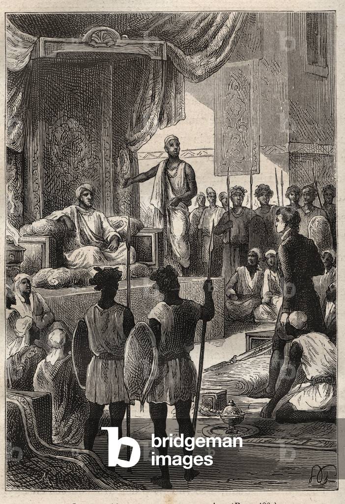 A Journey (1792-1795) to Egypt and the Near East by William George Browne (1768-1813): Browne meets the Sultan of Darfur Ald el Raschman (Abd-er-Rahman, known as El-Rachid or the Just), at El Fasher (Al-Fashir, Sudan) in 1793 - illustration from “The Great Mariners of the 18th century”, 1879 - 1 of the 3 volumes of The “” General history of great voyages and of the frequent travelers”” by Jules Verne