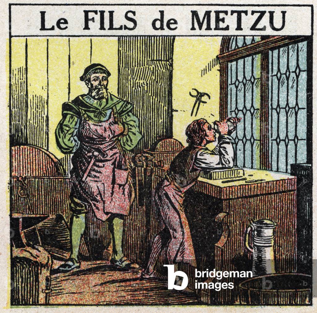 Prisms and lenses: Metzu's son. The Dutch Jacob Metzu discovered the telescope by chance in 1609, watching his son playing with concave and convex glasses. 1925 (print)