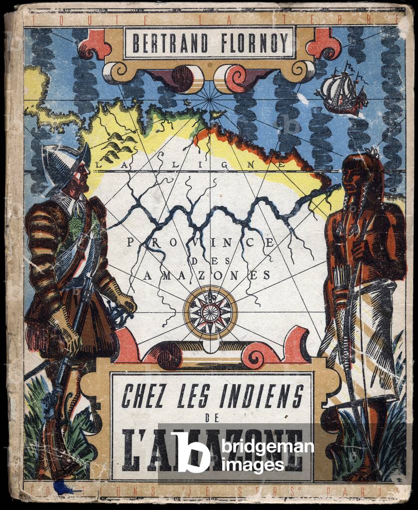 Francisco Pizarro (Francois Pizarre, 1475-1541) Spanish and Indian conquistador of the Amazon on a map of South America. Cover of the book “” Chez les Indiens de l'Amazon””: By Bertrand Flornoy (1910-1980) Original lithographs by A. Hofer. 1943 DR