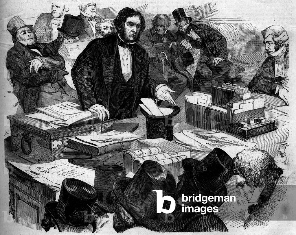 William Ewart Gladstone (1809-1898), English politician, Chancellor of the Chancellor, presenting the budget and trade trade in the House of Commons. London, England, 1860. Engraving in “” Le Monde Illustré”” n°150 of 25 February 1860.