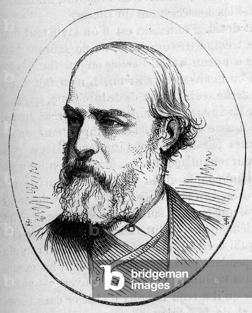 Portrait of Eugene Viollet le Duc (Viollet-le-Duc, 1814-1879), French architect. Engraving in “” Le Monde Illustré”” n°890 of 2 May 1874.