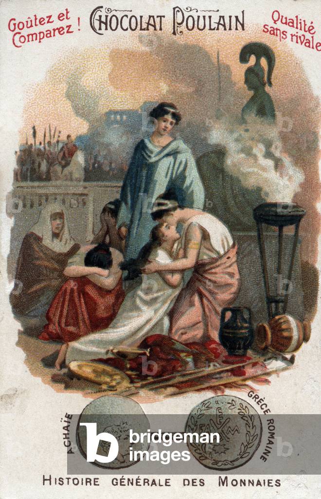 Roman domination in Greece: sack of Corinth by Lucius Mummius in 146 BC in the region of Achaie (Akhaia). in General History of Coins. Chocolate-foal chromolithography of the end of the 19th century. Private collection.