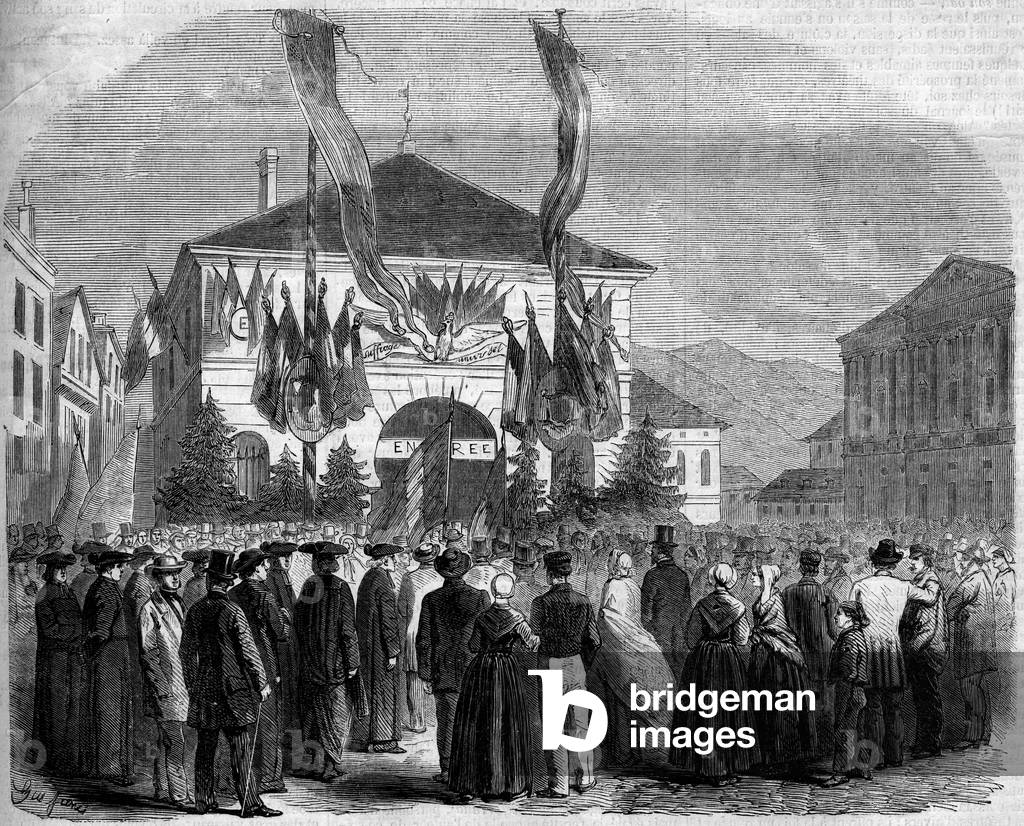 Vote of the population on the annexation of Savoie to France in Chambery, 22 April 1860 (engraving)