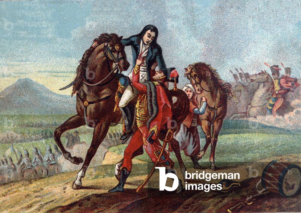 Death of General Charles Antoine Desaix de Veygoux (1768-1800) in the arms of the son of Consul Lebrun at the Battle of Marengo, 14 June 1800. chromolithography around 1890.