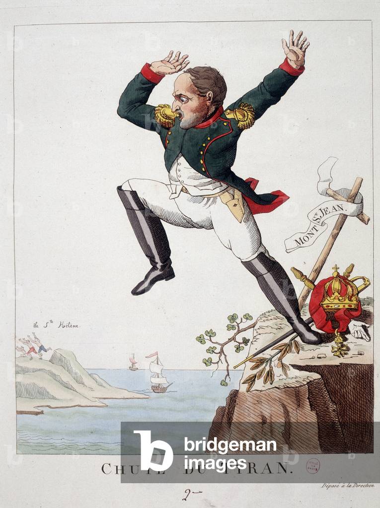 Fall of the tyrant: Napoleon jumping from Mount St John (The Battle of Waterloo) to St. Helene Island - in “” Napoleon 1st, caricatures, dummy collection””,