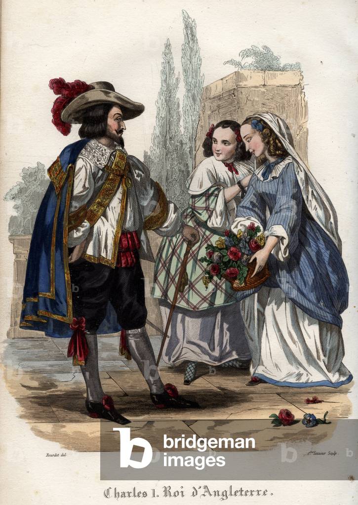 King Charles I of England (Charles I Stuart) (1600-1649) seducing young women. Engraving from 1842 in “Histoire des popes”” by Maurice Lachatre. Private collection.