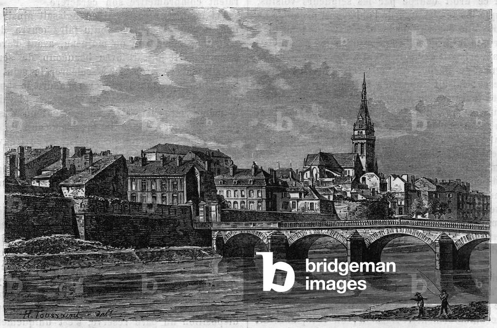 View of the city of Mezieres at the end of the 19th century. Engraving in “” le journal de la Jeunesse “” of 1888.