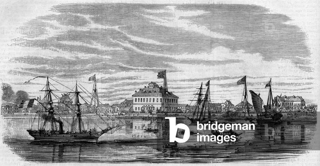 View of the city of Shan Hai (Shanghai-Hai, Shanghai), China, 1858. Engraving in “” Le Monde Illustré”” n°67 of July 24, 1858.