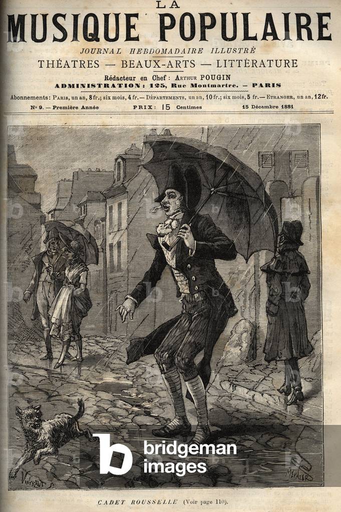 Guillaume Joseph Rousselle (Roussel), dit Cadet Rousselle (1743-1807), French bailiff, under the rain in a rue de Paris. engraving in “La musique populaire”” Illustrée weekly newspaper - 1881