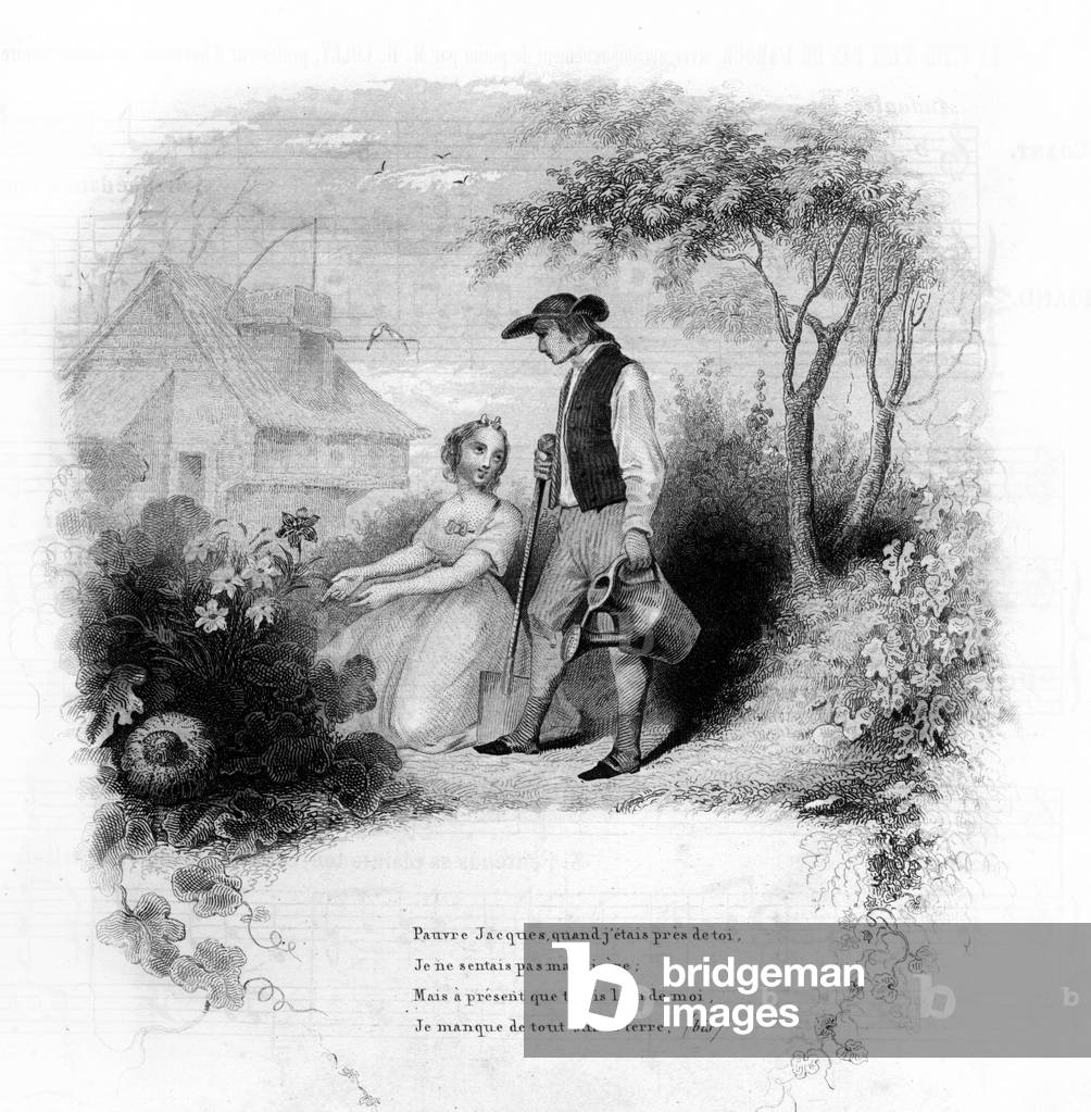 Poor Jacques. A young girl kneels before the flowers near a gardener. Engraving in “” Chants et chansons populaire de la France””, Tome 2, 1848. Private Collection