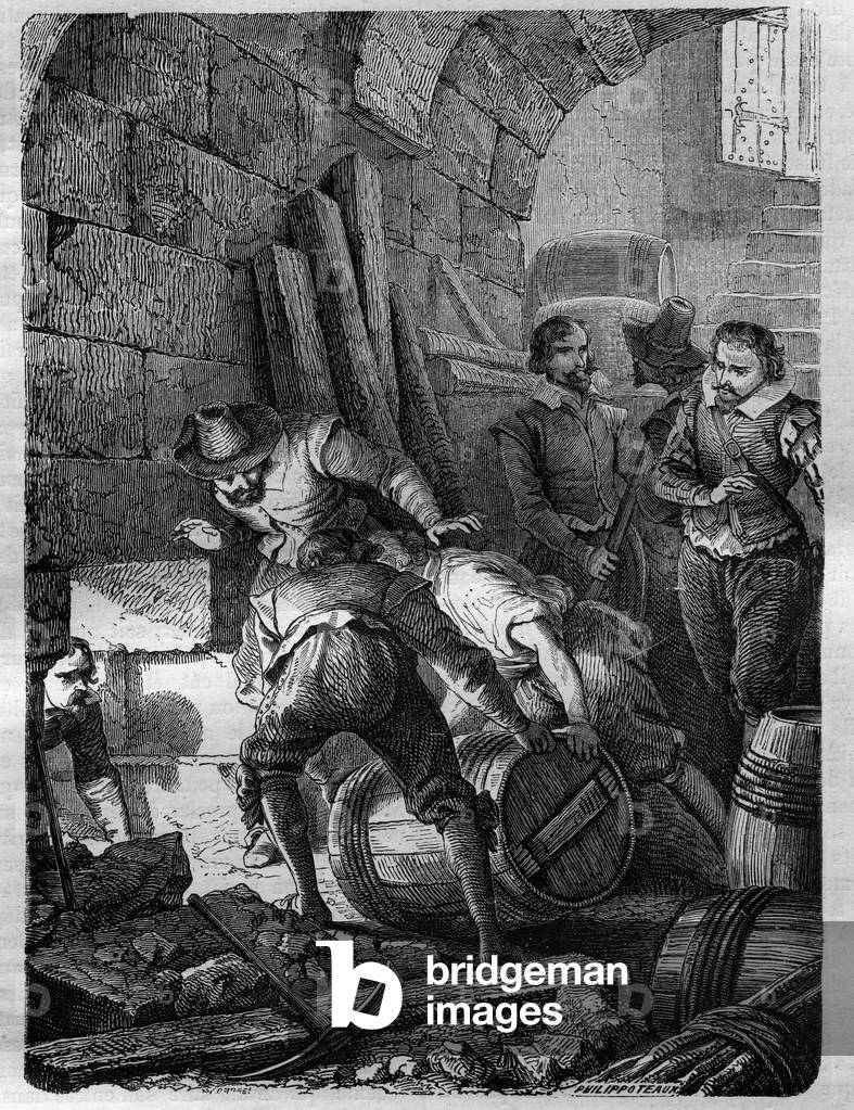 The Gunpowder Plot: Conspiracy of Catholics formed to assassinate King James I, his family and part of the aristocracy by detonating the Palace of Westminster (London) at the opening ceremony of Parliament on 5 November 1605. Engraving in “” History of the Popes (...) Crimes of the Queen King and Emperors through the centuries” by Maurice Lachatre, 1863.