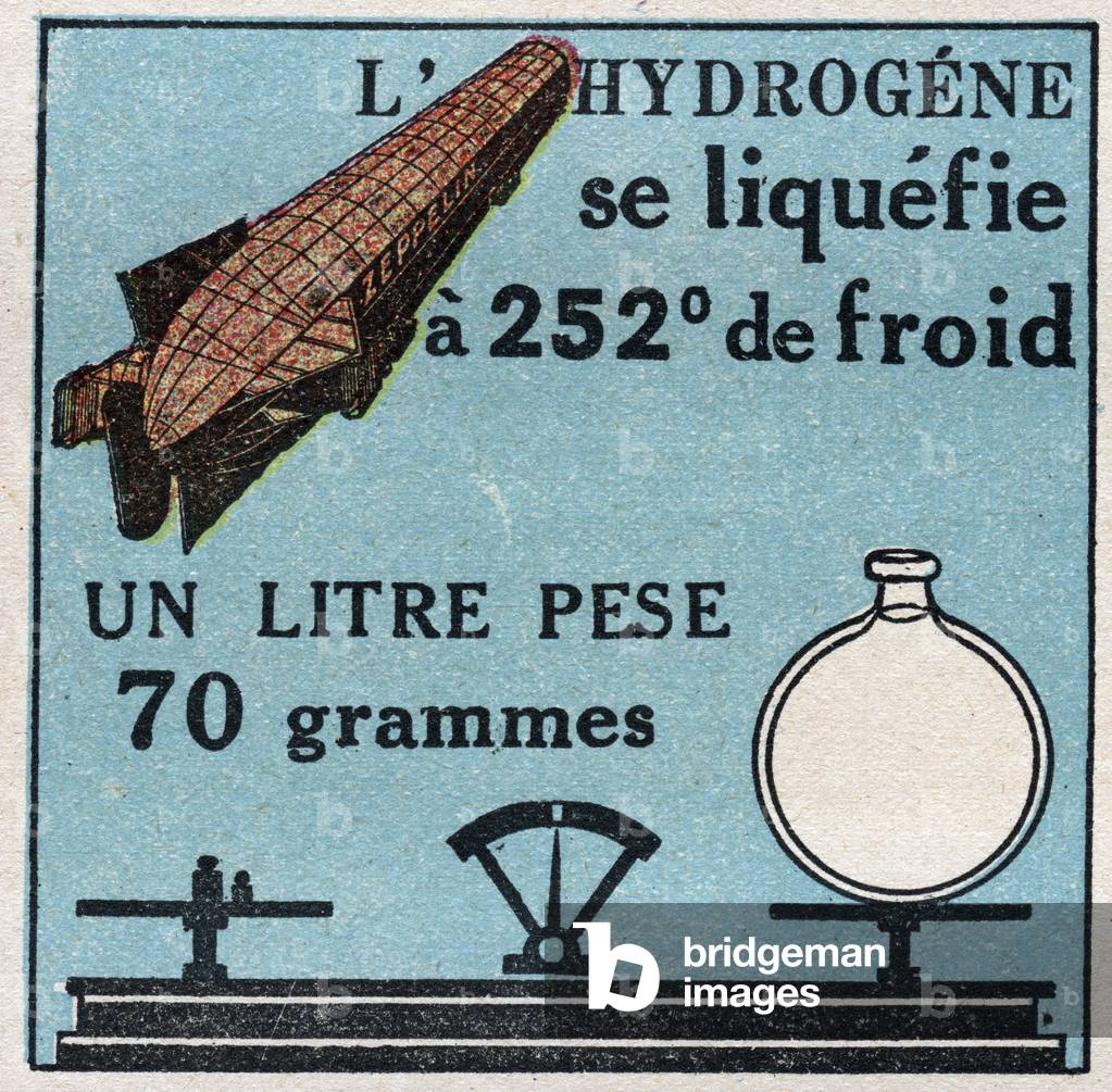 Changes in states: vapours. Hydrogen liquefaction has 252 degrees of cold. Anonymous illustration from 1925. Private collection.