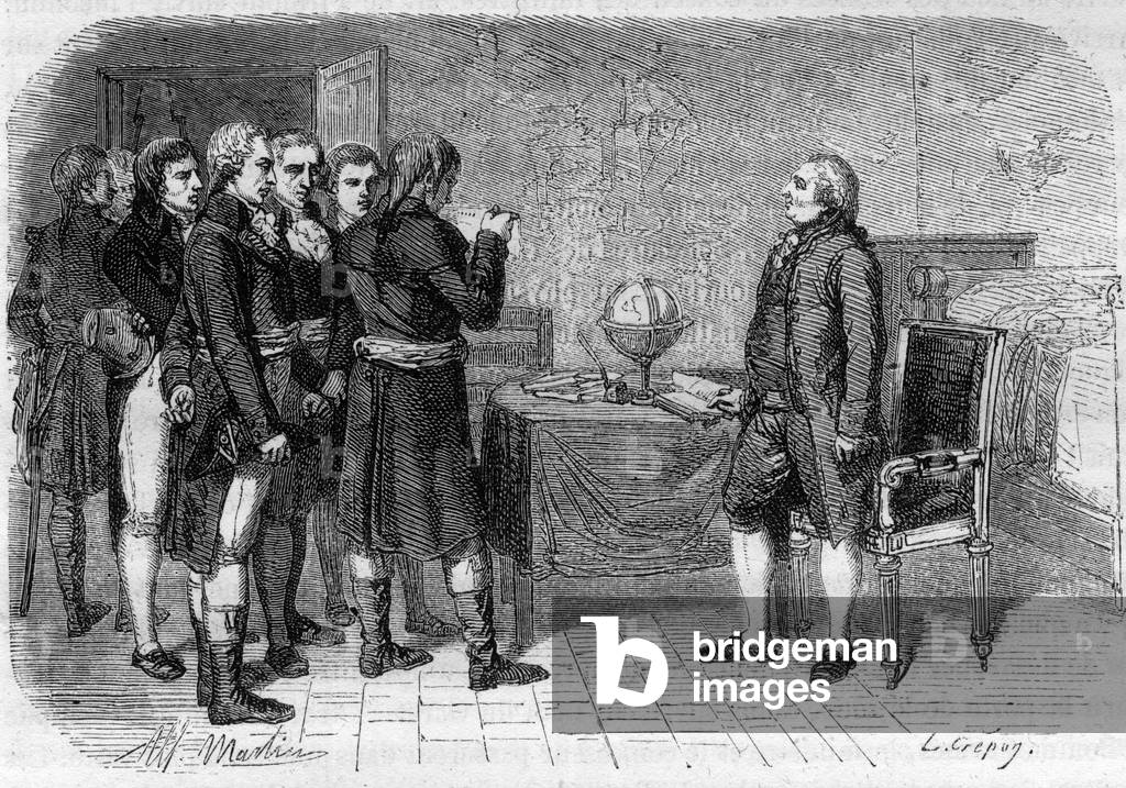 Louis XVI King of France receiving his death sentence, Le Temple, 17. 1.1793 - Louis XVI (1754-1793), King of France, listening to the reading of his judgment at the Temple prison - January 1793 - Engraving in “Histoire des Girondins” by Alphonse de Lamartine (1790-1869) 1865-1866. Private Collection
