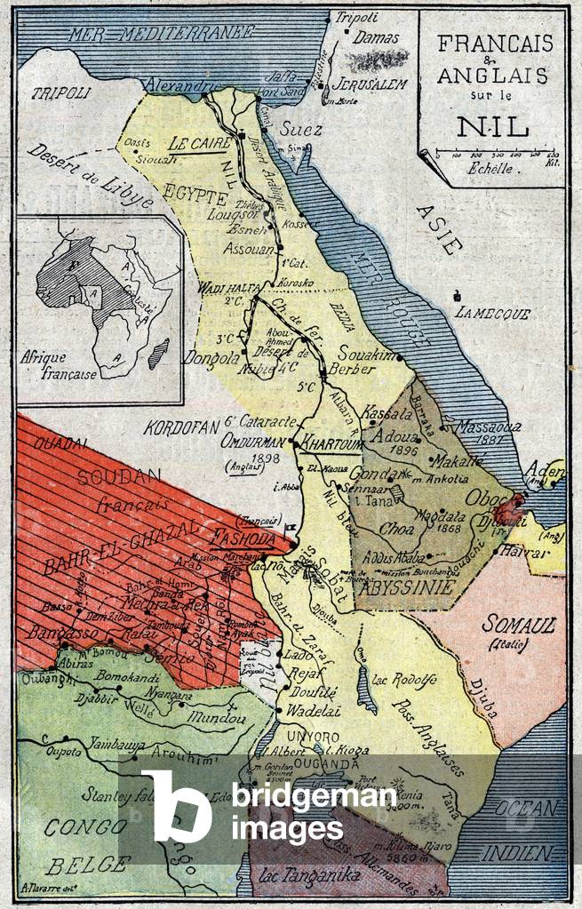 Map of African territories colonized by French and English along the Nile-  