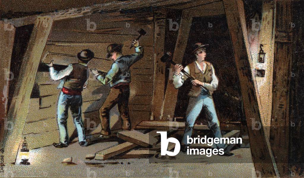 Coal mine in France at the end of the 19th century: Wood gallery. Chromolithography of the late 19th century