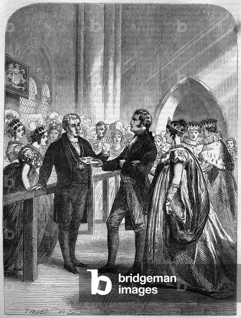 Queen Caroline (Caroline of Brunswick-Wolfenbutte (Brunswick Wolfenbutte) (Queen consort of King George IV of the United Kingdom) repulsed from the door of Westminster Abbey 1820 (engraving)