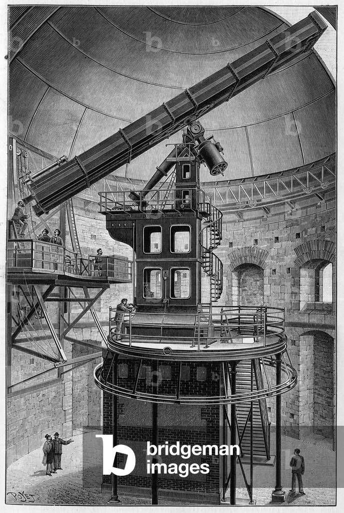 Astronomical glasses of Mr Janssen, Member of the Institute, Director of the Observatory for Physical Astronomy in Meudon. Engraving in “” La Nature: revue des sciences et de leurs applications aux arts et a l'industrie”” of 9 May 1896.