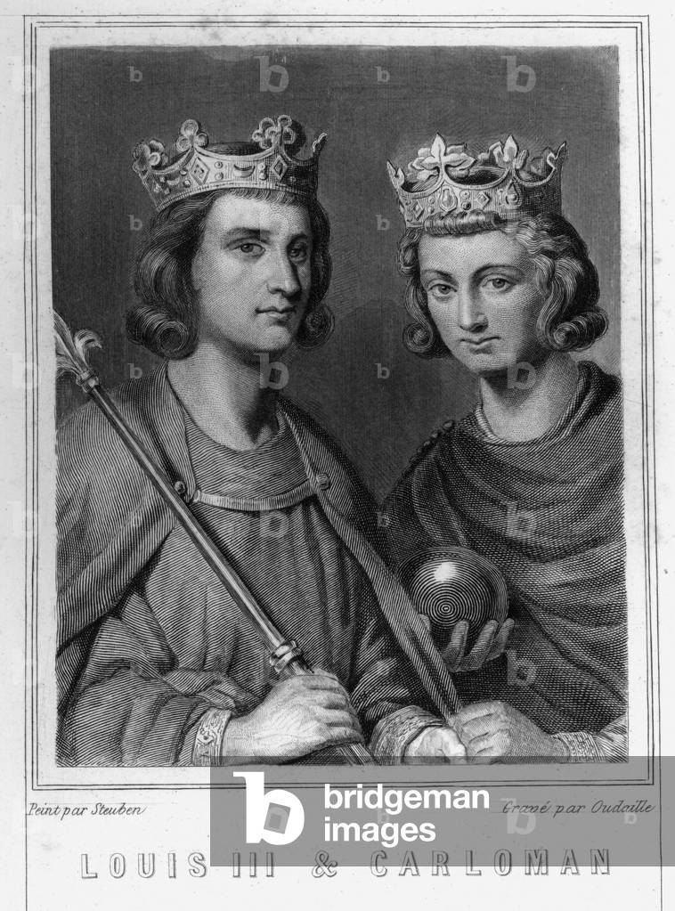 Portrait of Louis III (c. 863 - 882), King of France and Carloman (? - 884), King of France, (both sons of Louis II) - in “” Histoire des Français”” by Lavallée, engraving, sd., 19th century.