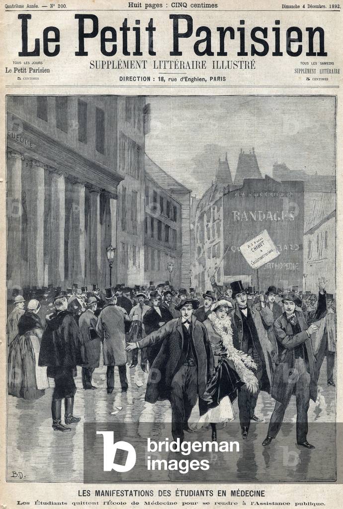 Demonstrations of medical students: students leave medical school to go to public assistance in Paris. Engraving. One of the newspaper “” Le petit parisien”” on 4/12/1892. Private Collection