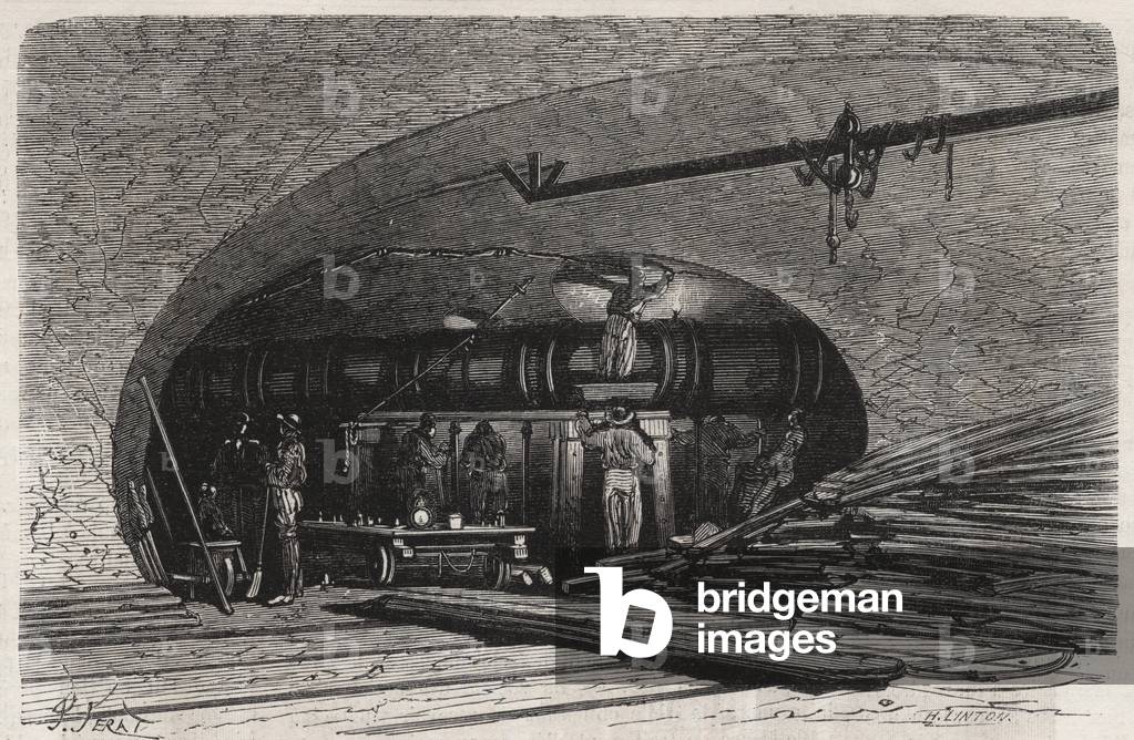 Les egouts de Paris: bend of the pipe near the Saint Michel bridge (Saint-Michel), place du Chatelet - Engraving In “” Le Monde Illustré””, 1865 - Sewers tunnels under the Place du Chatelet in Paris - Engraving from “” Le Monde Illustre”, 1865