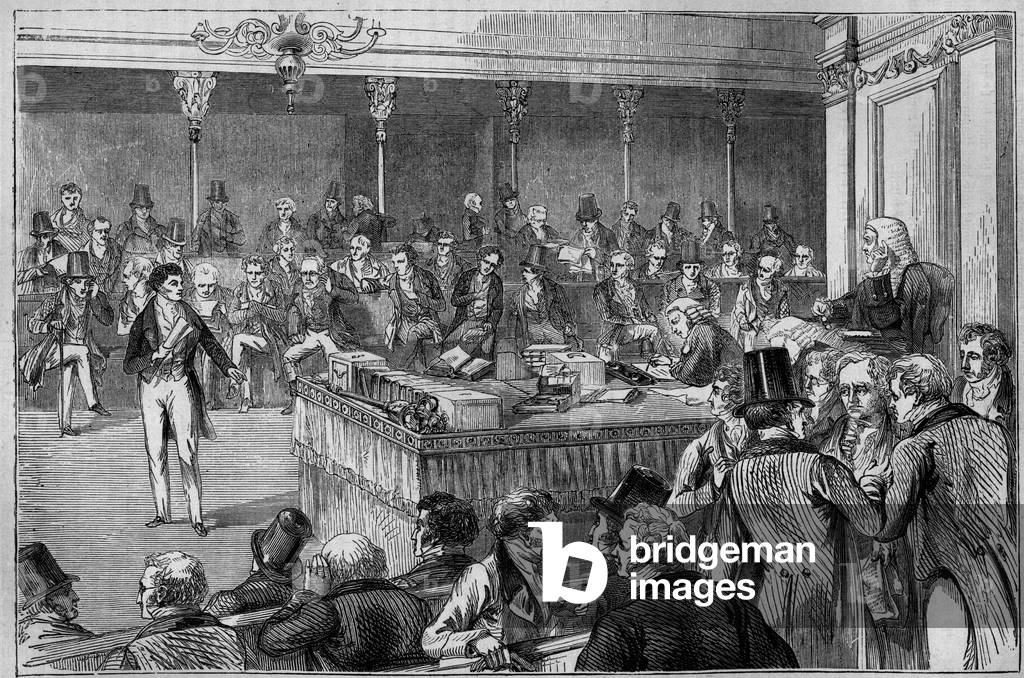 Lord John Russell (1792-1878) introducing the Reform Bill (Reform Act) in the House of Lords 1832 (engraving)