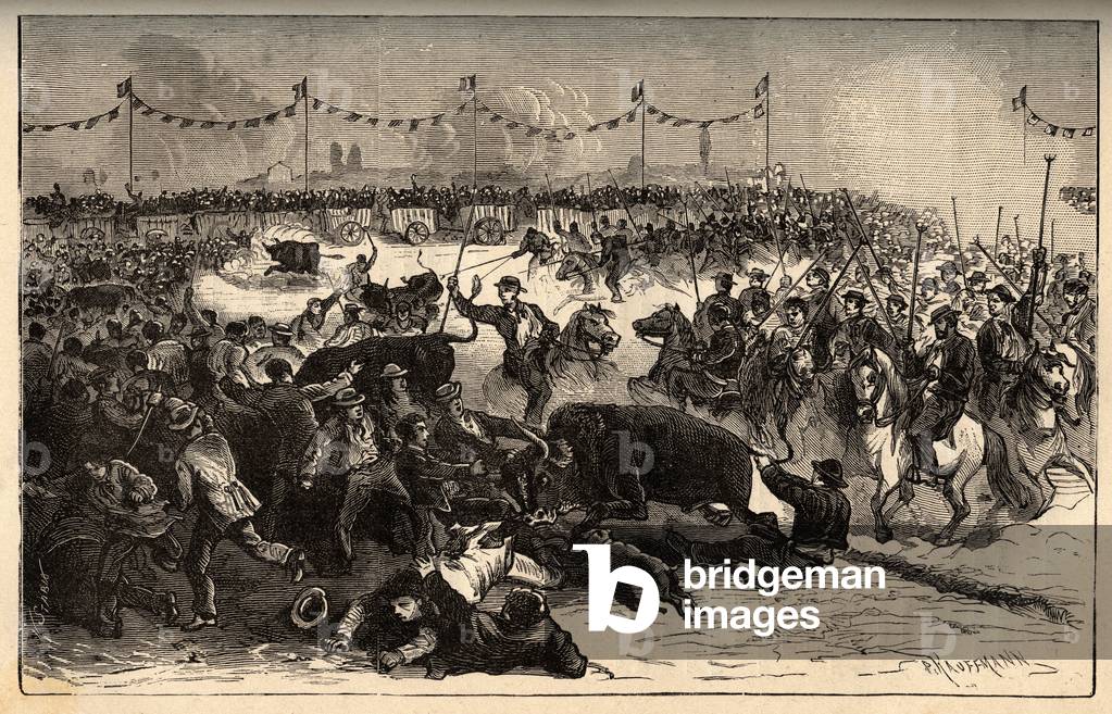 Livestock branding - La ferrade en Camargue (fete organised during the marquarge au fer rouge du betail) - engraving in “” PATRIE”” - DESCRIPTION PECTUREQUIREQUE DE LA FRANCE EN 6 VOLUES BY LUCIEN HUARD - late 19th century