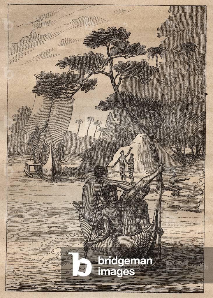 Expedition by Nicolas Thomas Marion-Dufresne (Marion Dufresne) (1729-1772): canoes from the islands of the Admiraut (Bismarck Archipelago, Papua New Guinea) - illustration taken from “” The Great Mariners of the 18th century”””, 1879 - 1 of the 3 volumes of Jules Verne's “General Histoire des grands voyages et des grands voyageurs”