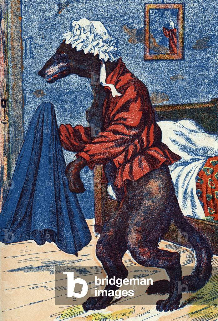 The wolf puts on the grandmother's clothes. Anonymous illustration for “The Little Red Riding Hood”, tale by Charles Perrault (1628-1703), French writer. Imagery Marcel Vagne, Jarville Nancy, undated (late 19th century).