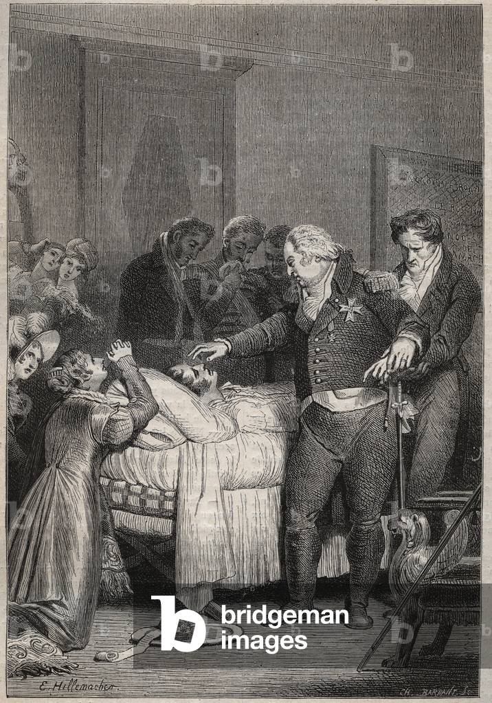 Louis XVIII at the deathbed of the Duke of Berry - Les derniers moments du Duke de Berry on 13 February 1820 (1778 - 1820) à l'opera de Paris surrounds by Louis XVIII et de la famille royale - engraving in “Histoire de France racontee à mes petits enfants”” by Guizot