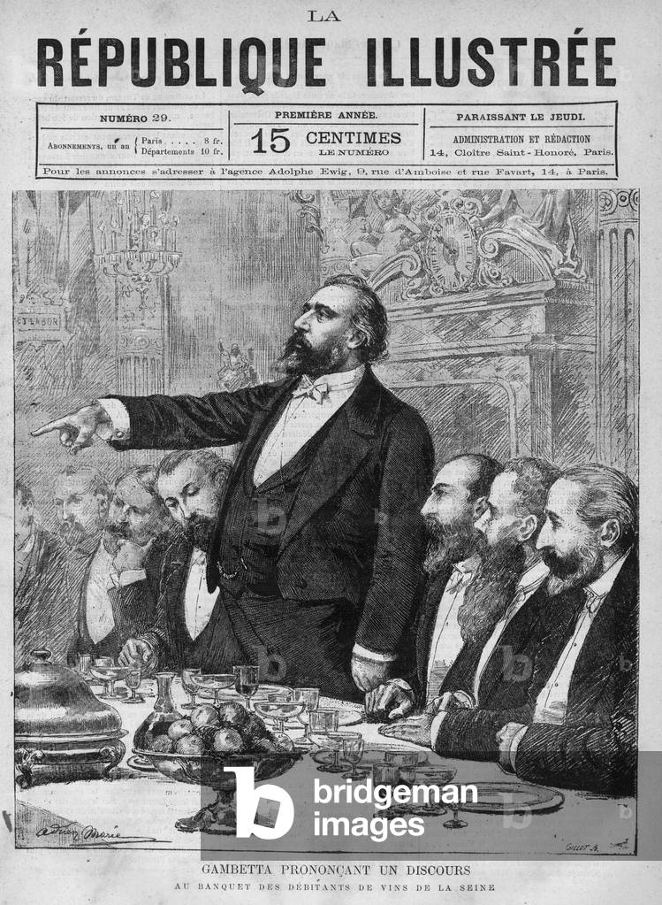 Leon Gambetta (1838-1882) giving a speech at the banquet of the wine debiters of the Seine. A newspaper. Engraving from 1880 in “La republique illustree”” private collection.