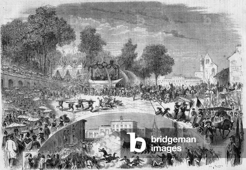 Festivities of the Tarasque in the streets of Tarascon (Bouches du Rhone, 13), Pentecote 1861. Engraving in “” Le Monde Illustré”” n°217 of 8 June 1861.
