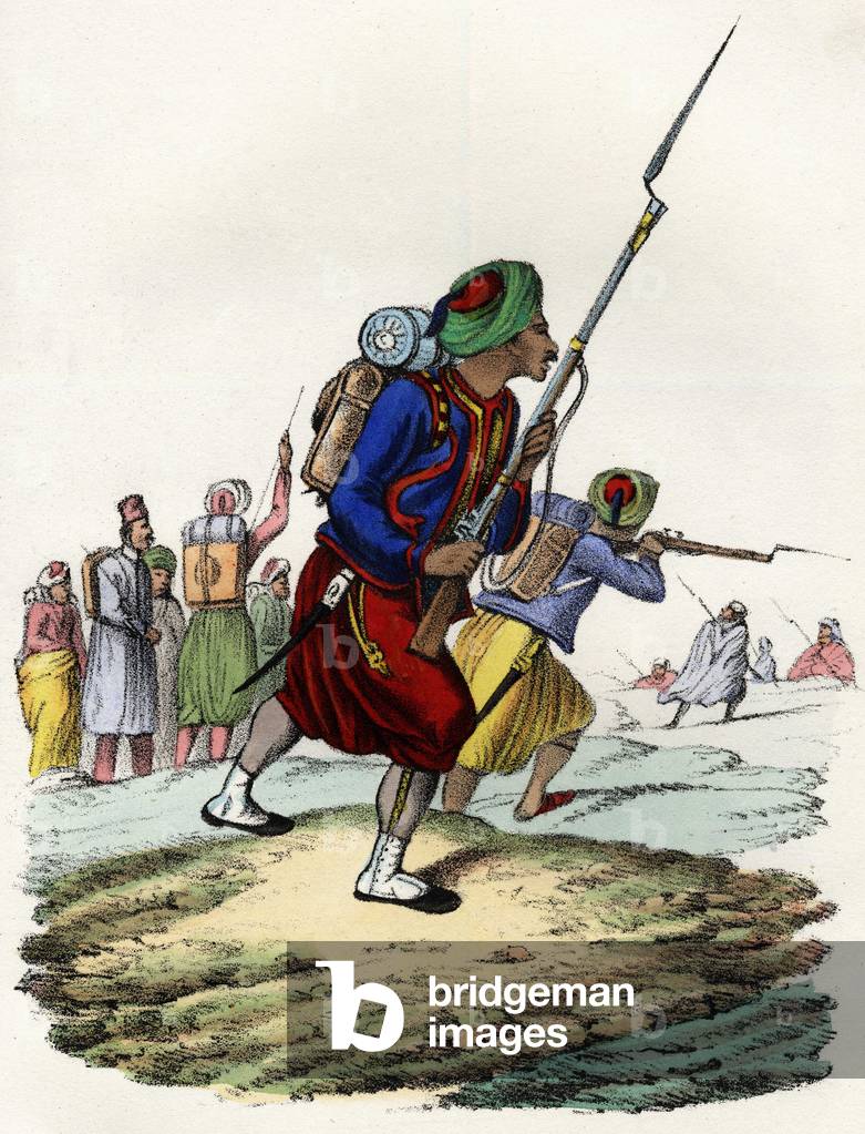 Battalion of Zouaves of the French army of Africa, composed of natives and formed by General Clausel in 1830 for the expedition of the Atlas to Algeria. In “” Storia d'Algeri””, Leone Galibert, vol. 2, 1847.