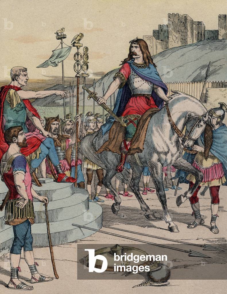 The Gallic chief Vercingetorix (72-46 BC) surrendering to the Roman chief Julius Caesar (100-44 BC) after the battle of Alesia in 52 BC. - “” The Gallic leader Vercingetorix (72-46 BC) surrendering to the Roman chief Jules Cesar (100-44 BC) after the battle of Alesia in 52 BC” - late 19th century